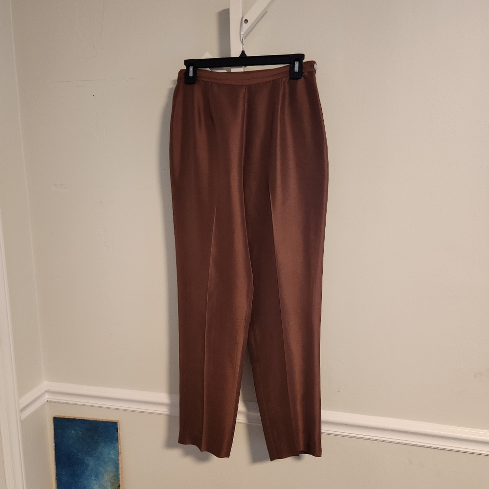 Ruby Cho 100% Silk Trouser Size 6 | Cognac Brown Straight Leg Vintage Pant‎ Euc